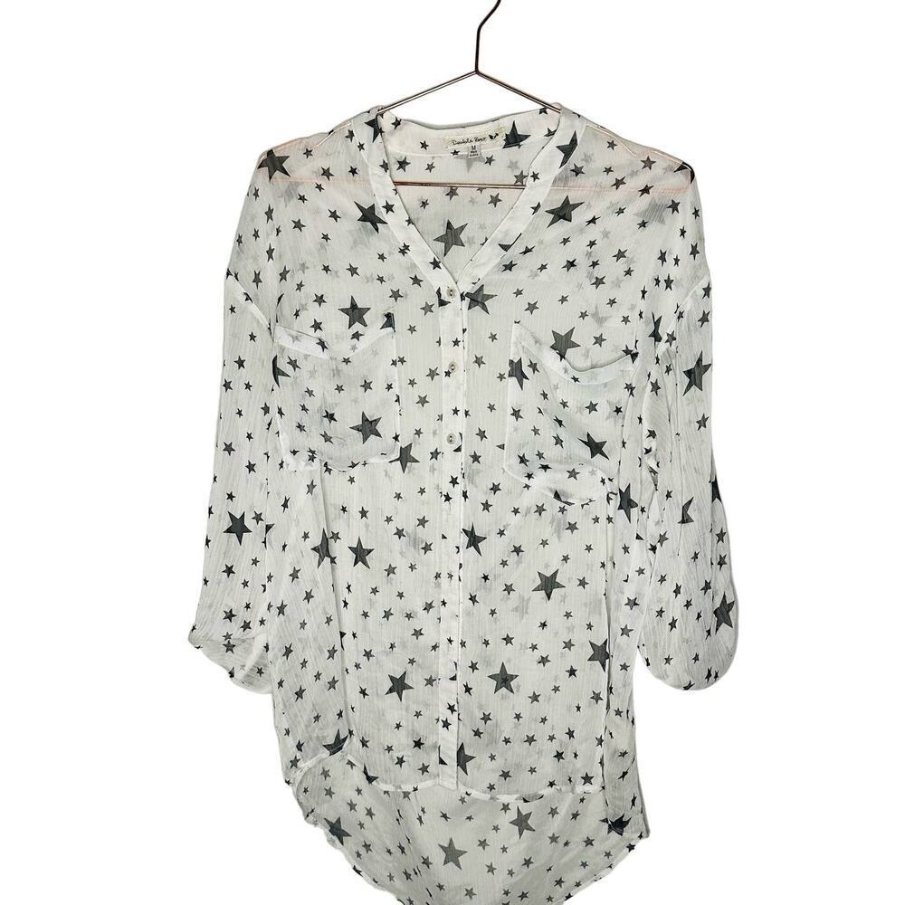 Double Zero Long Sleeve Sheer Button Front Star Printed Cutout Top Size Medium